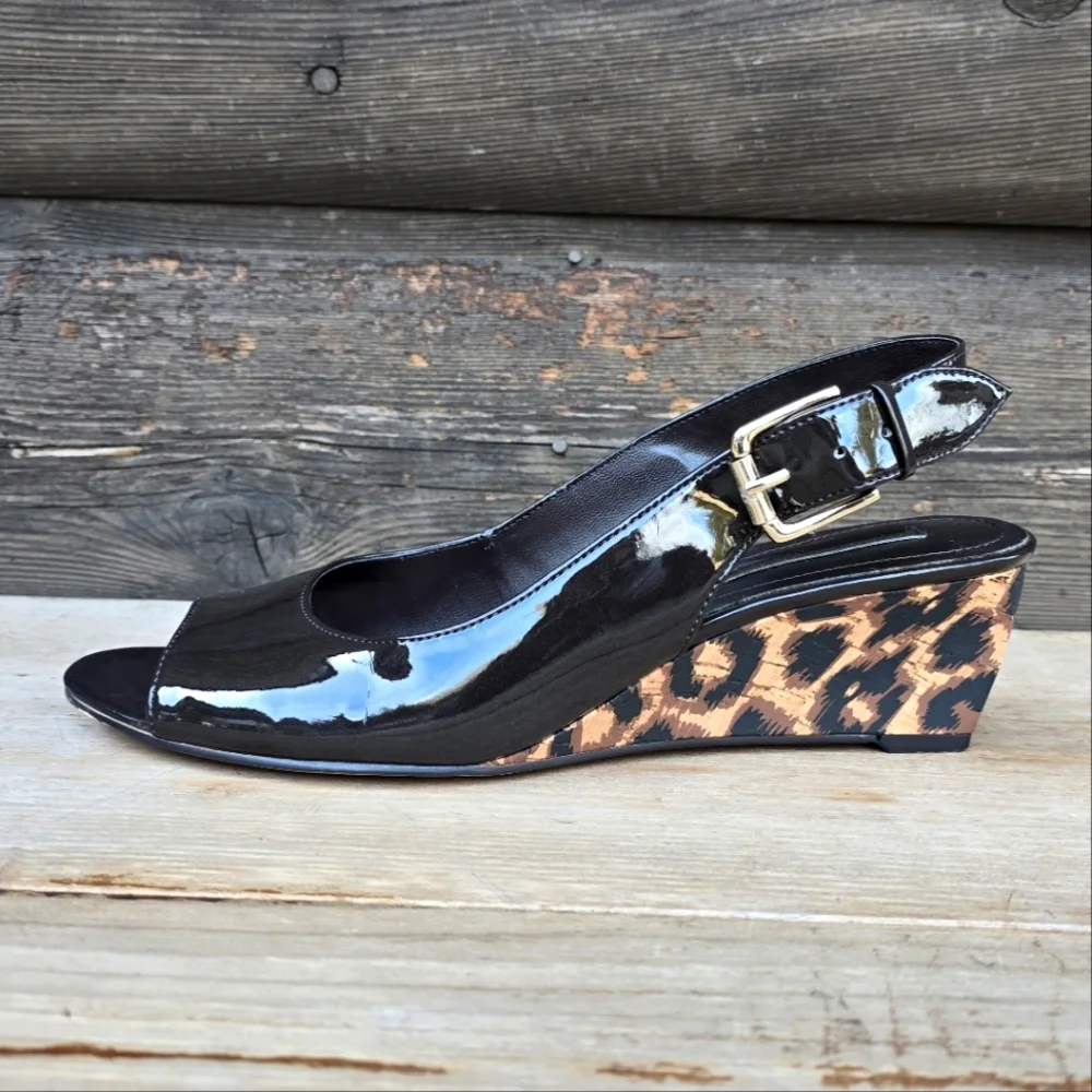 Bandolino Rollup Y2K Pop Glam Leopard Peep Toe Wedge Heels 8M